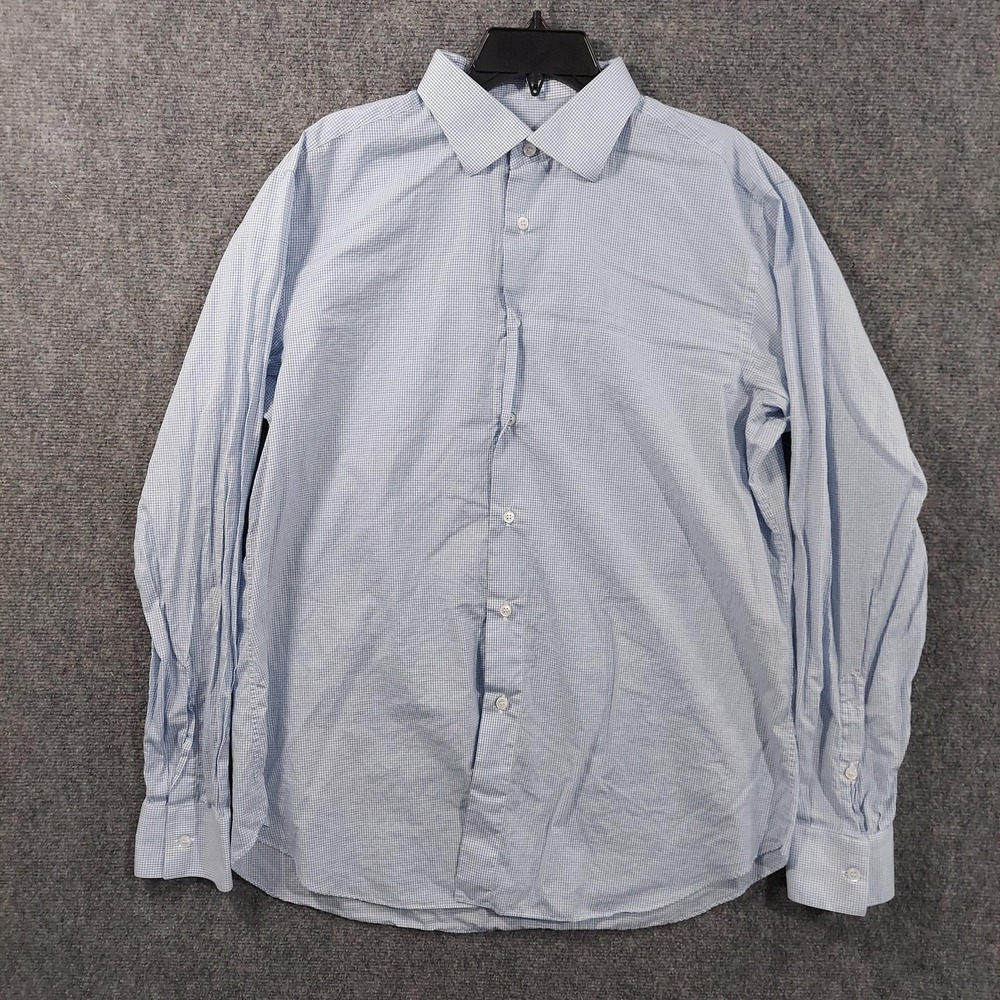 Brioni Shirt Mens 44 Blue Check Long Sleeve Dress Button Up Italy Cotton